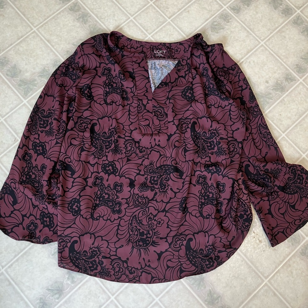 Loft Outlet Berry with Black Floral Print Bell Sleeve Blouse